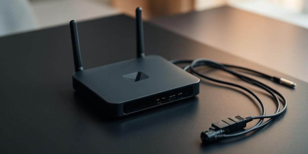 Office network hardware on a warm wood desk